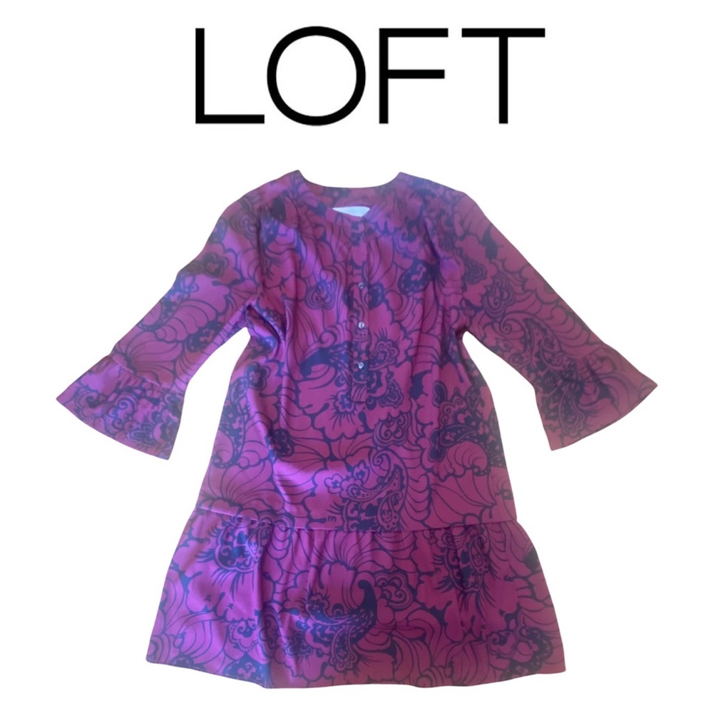 LOFT burgundy floral print button up front dress size medium petite